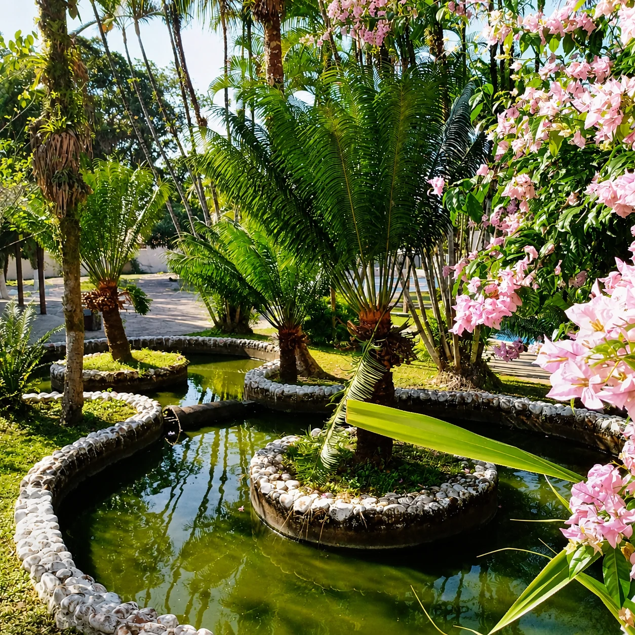 Jardim com lago ornamental