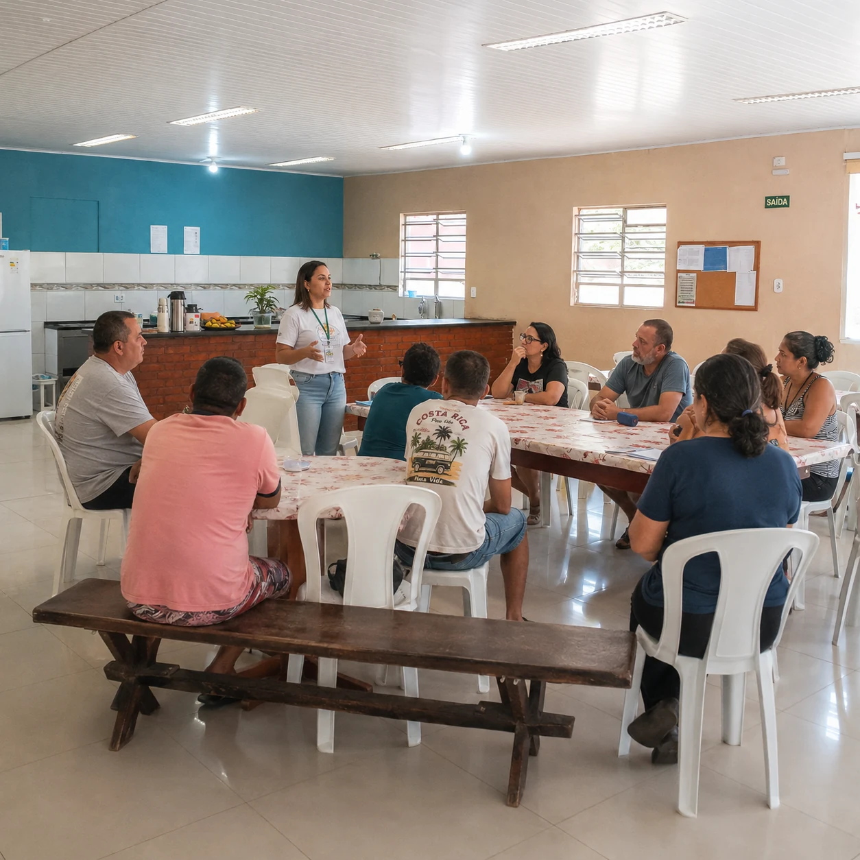 Espaço coletivo preparado para reuniões e convivência