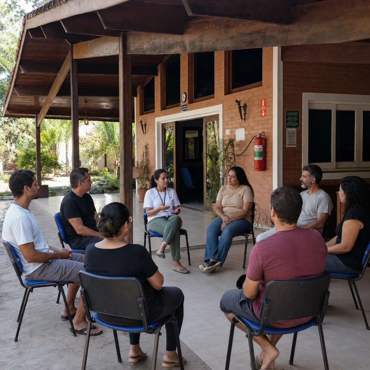 Roda de conversa na varanda da comunidade